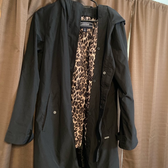 🍂🌻☔️Lands’ End Black and Leopard Print TrenchCoat/Rain Jacket - Picture 2 of 5